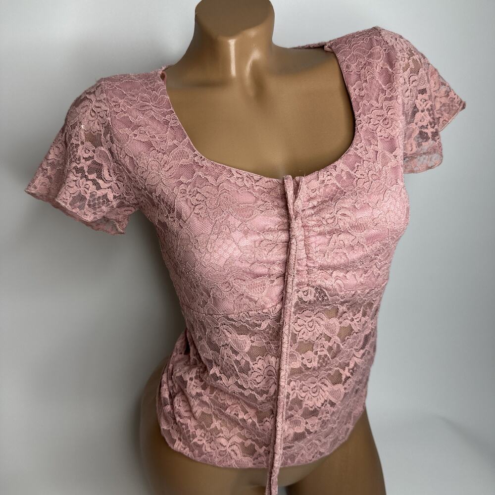 Wild Love Women's Small Lace Ruched Front Tye Top Mauve Pink Sheer Coquette Y2K
